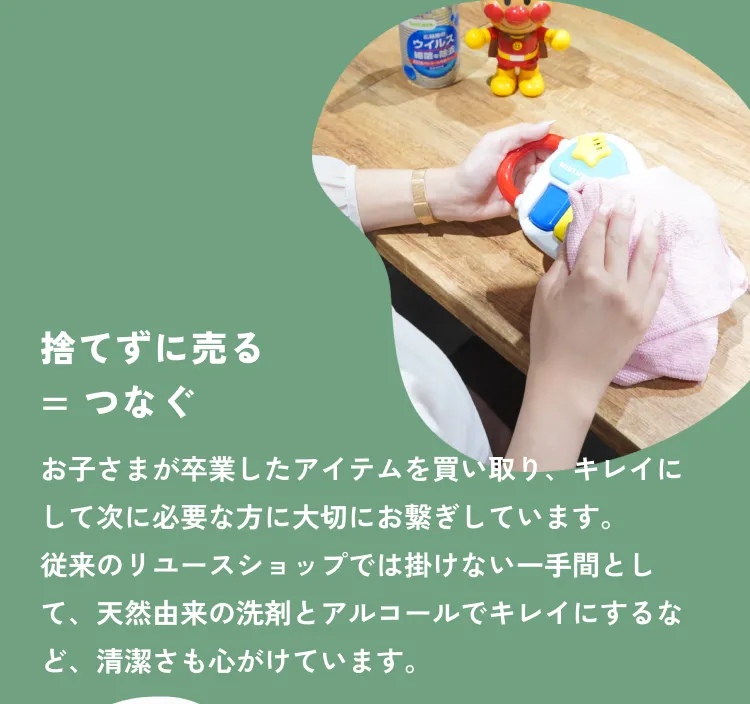 捨てずに売る＝つなぐ：天然由来の洗剤とアルコールでキレイにして次の方へお繋ぎしています